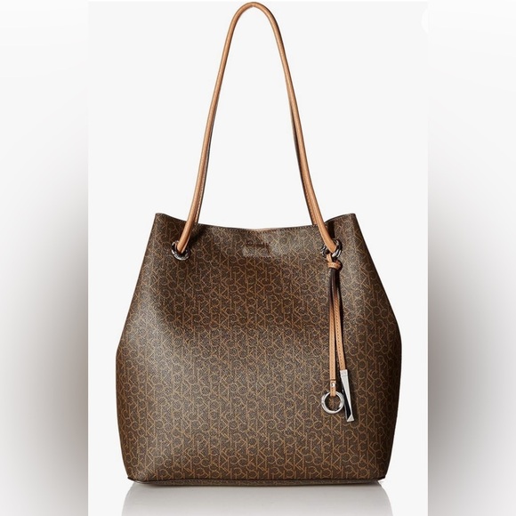 CALVIN KLEIN Handbag Women's Brown Logo Leather Large Tote Purse AUTHENTIC - Picture 8 of 11